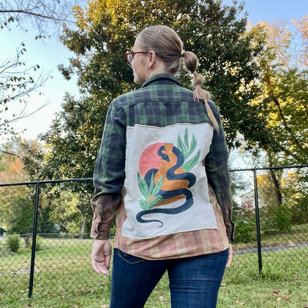 Custom Upcycled Flannel. Snake Graphic. Vintage Faded Glory Small. Hand Bleached